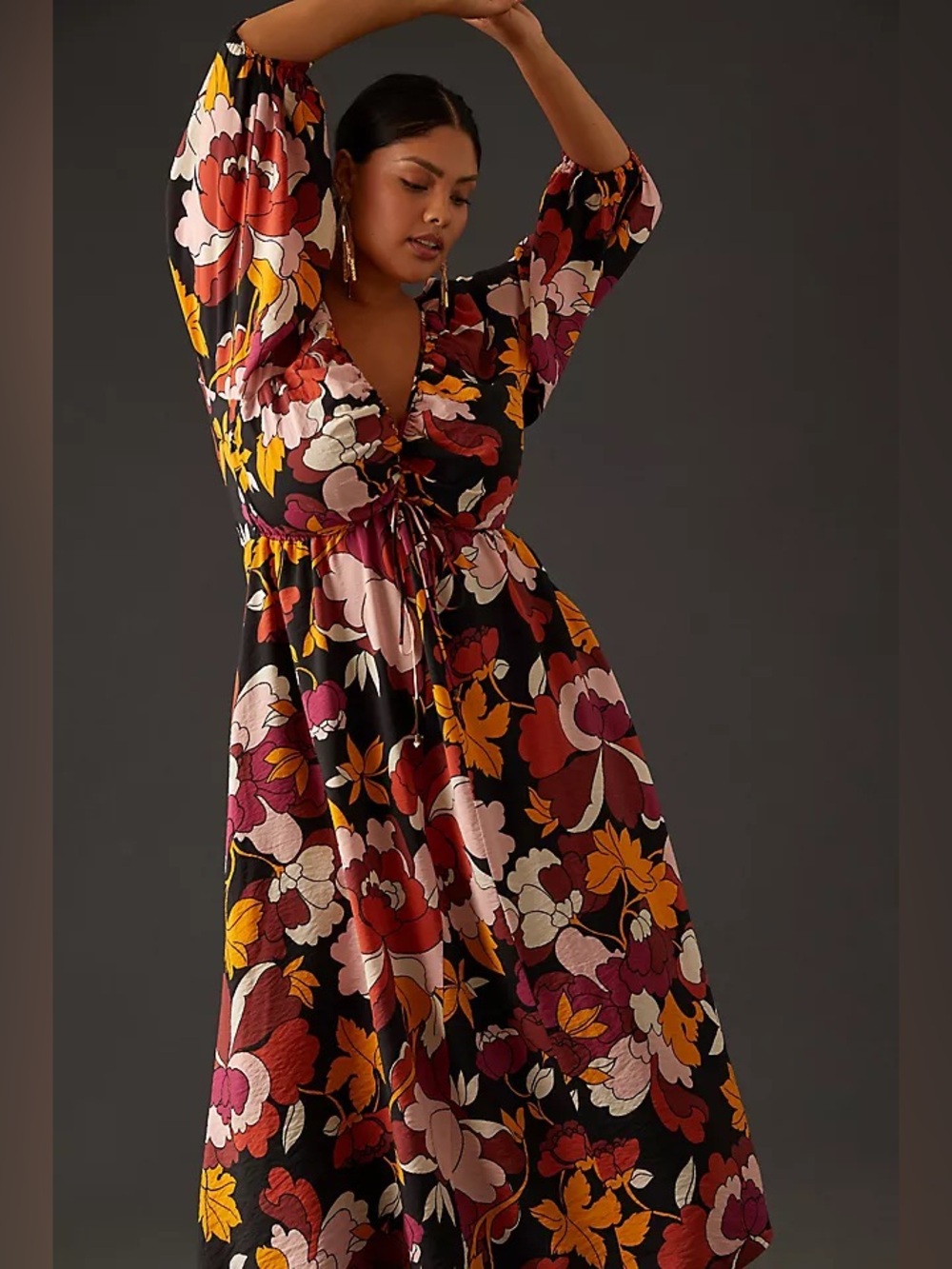 Anthropologie Black Floral Midi Dress with Burgundy, Mustard, Pink